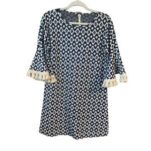 Uncle Frank Blue & White Small Round Neck 3/4 Bell Sleeve Tassel Dress EUC